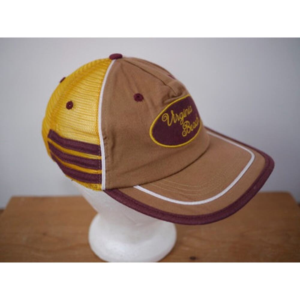 Vintage VIRGINIA BEACH Stripe Sewn Patch Mesh Trucker Cap Hat One Size Adjust